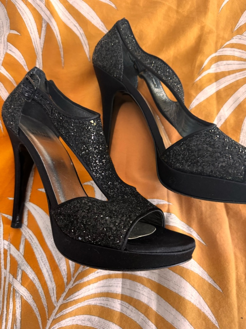 Stuart Weitzman Black Glitter Open-Toe Platform Heels